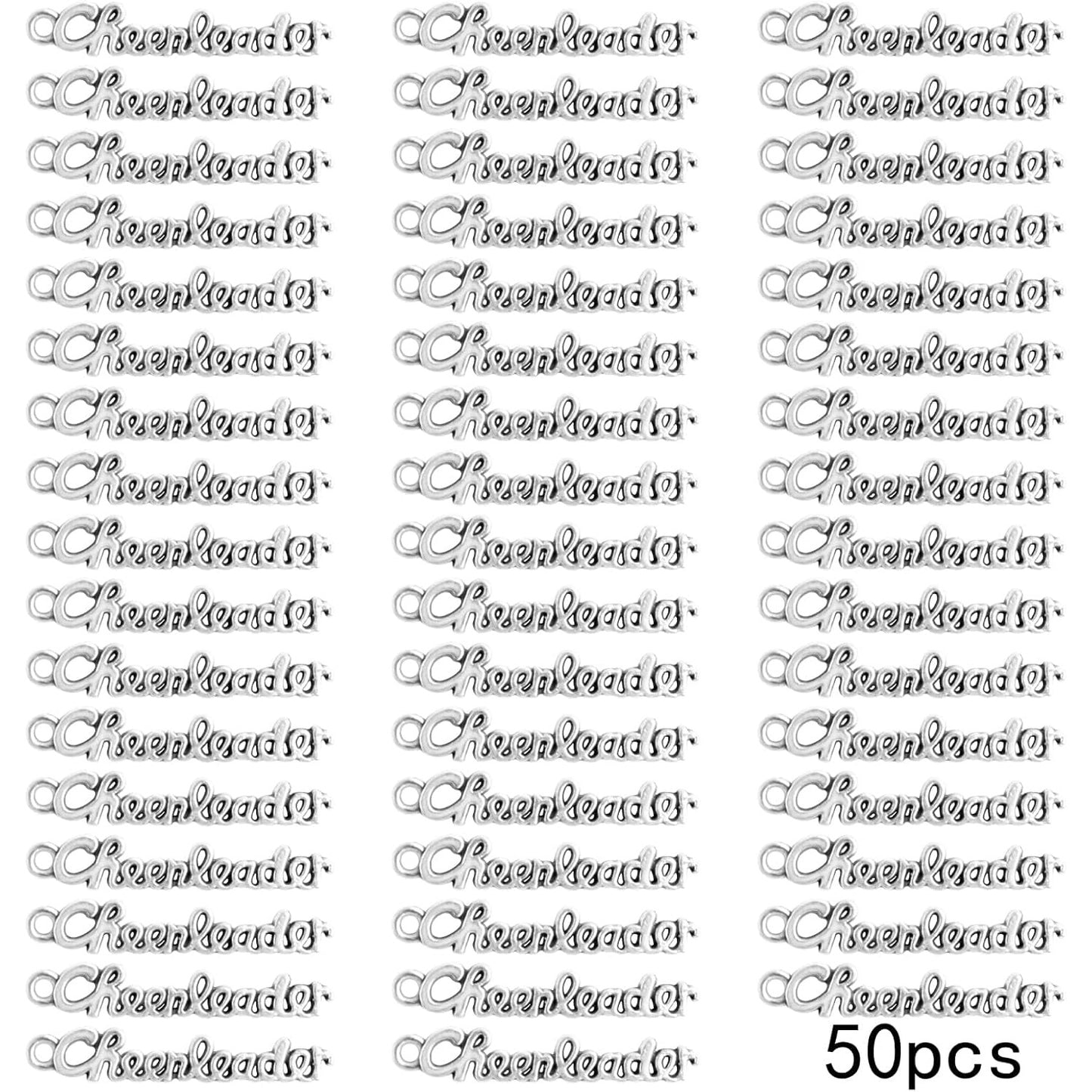 50pcs Antique Silver Letter Cheerleader Charms Alloy Sports Cheerleader Charm Pendants Craft Supplies for DIY Necklace Bracelet Jewelry Making Findings Gifts