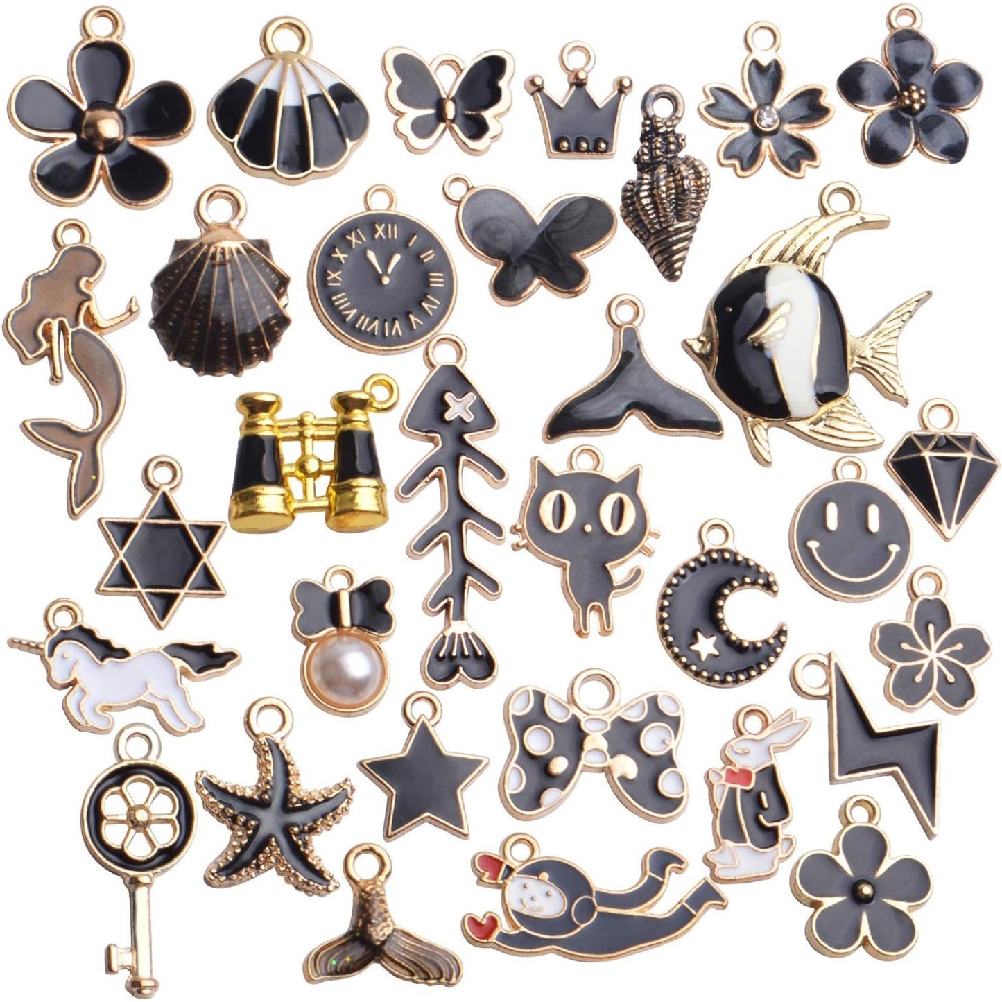 Black Enamel Charms,31pcs Gold Plated Enamel Charms Mixed Flower Star Cat Fish Pendants Jewelry Making Accessories for Necklace Bracelet Earrings