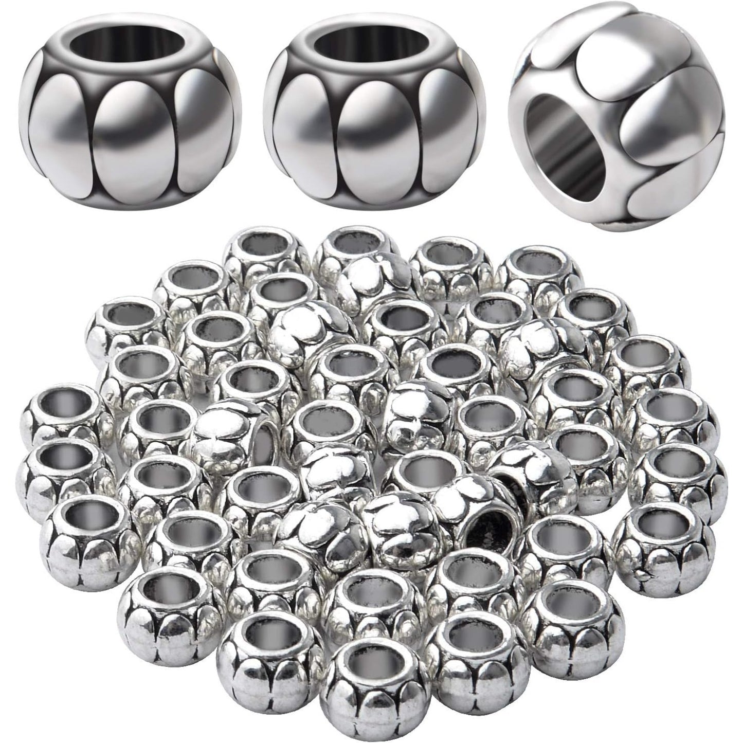 50pcs Antique Silver 5mm Large Hole Spacers Round Spacer Beads Alloy European Style Tube Beads Jewelry Spacer Charms for DIY Bracelet Jewelry Crafts Making