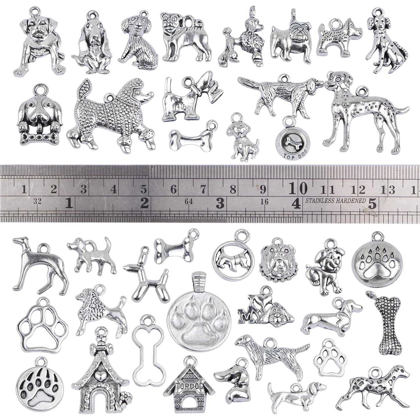 50 Styles Antique Silver Mixed Pet Dog Theme Charms Vintage Alloy Animal Puppy Dog Bone Paw Print Dangle Pendants for DIY Bracelet Necklace Jewelry Making Supplies