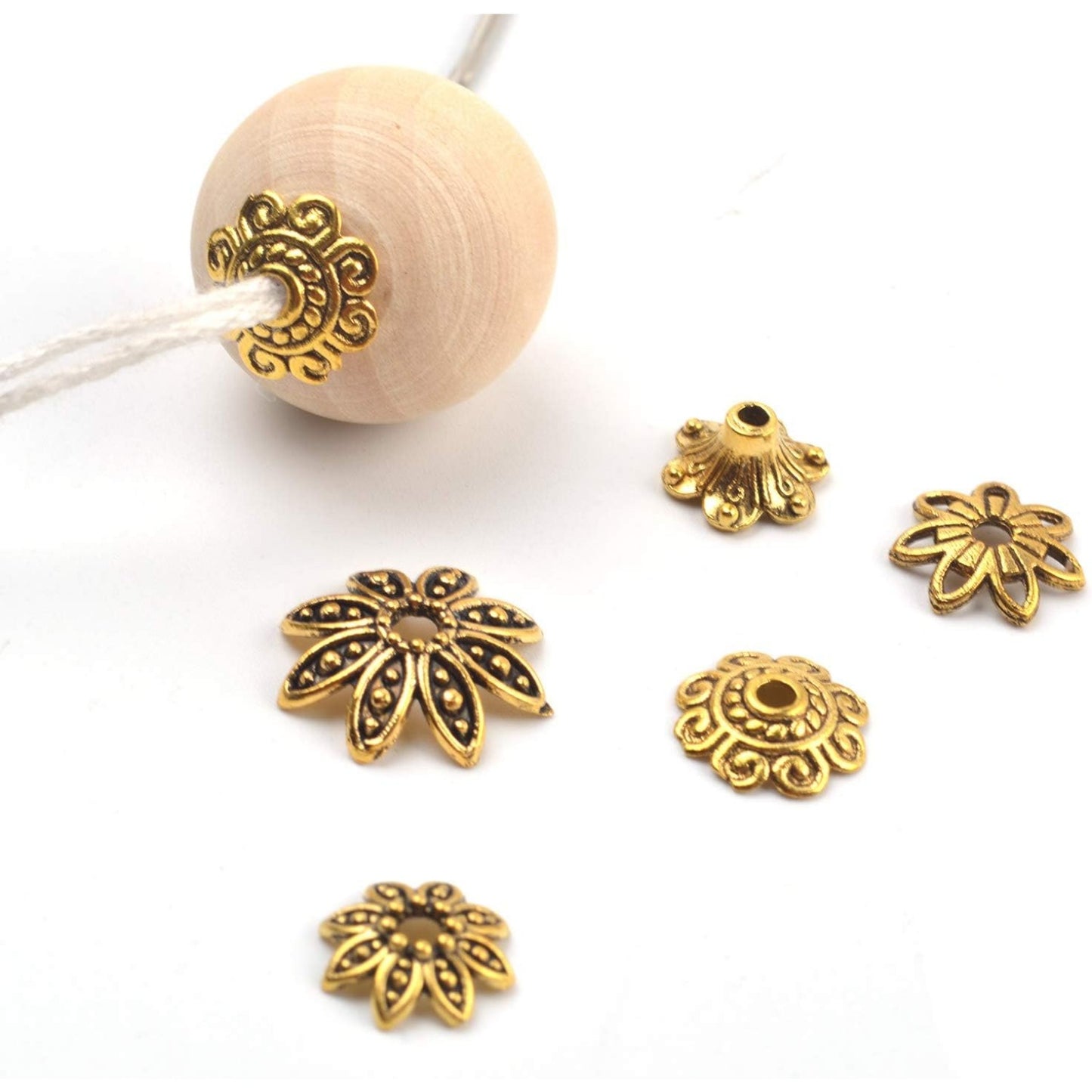100 Gram(About 250-350pcs) Bali Style Jewelry Making Metal Bead Caps Deluxe New Mix,Antique Gold