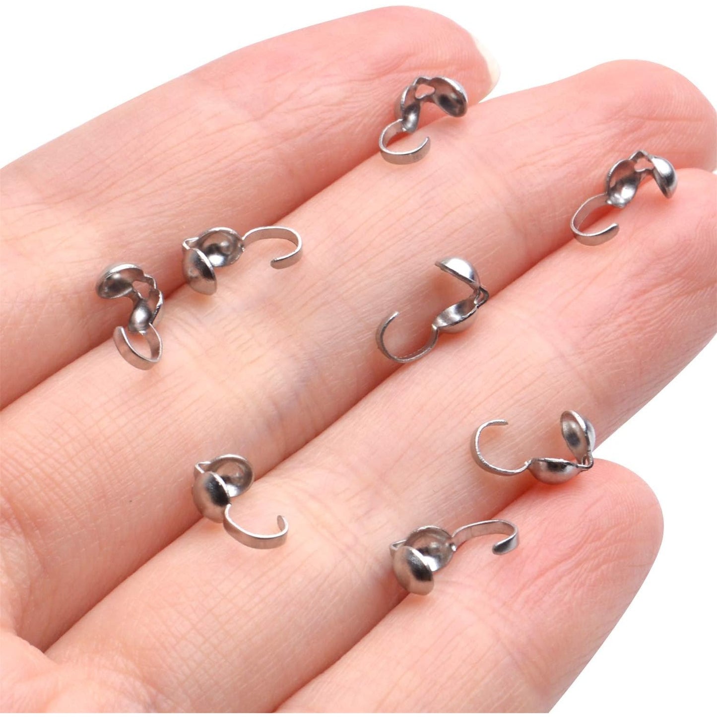 Calottes End Crimps,200Pcs Stainless Steel Fold-Over Bead Tips Clamshell Crimp Bead Tips Knot Covers for Knots,Cord Ends,Crimps Jewelry Making