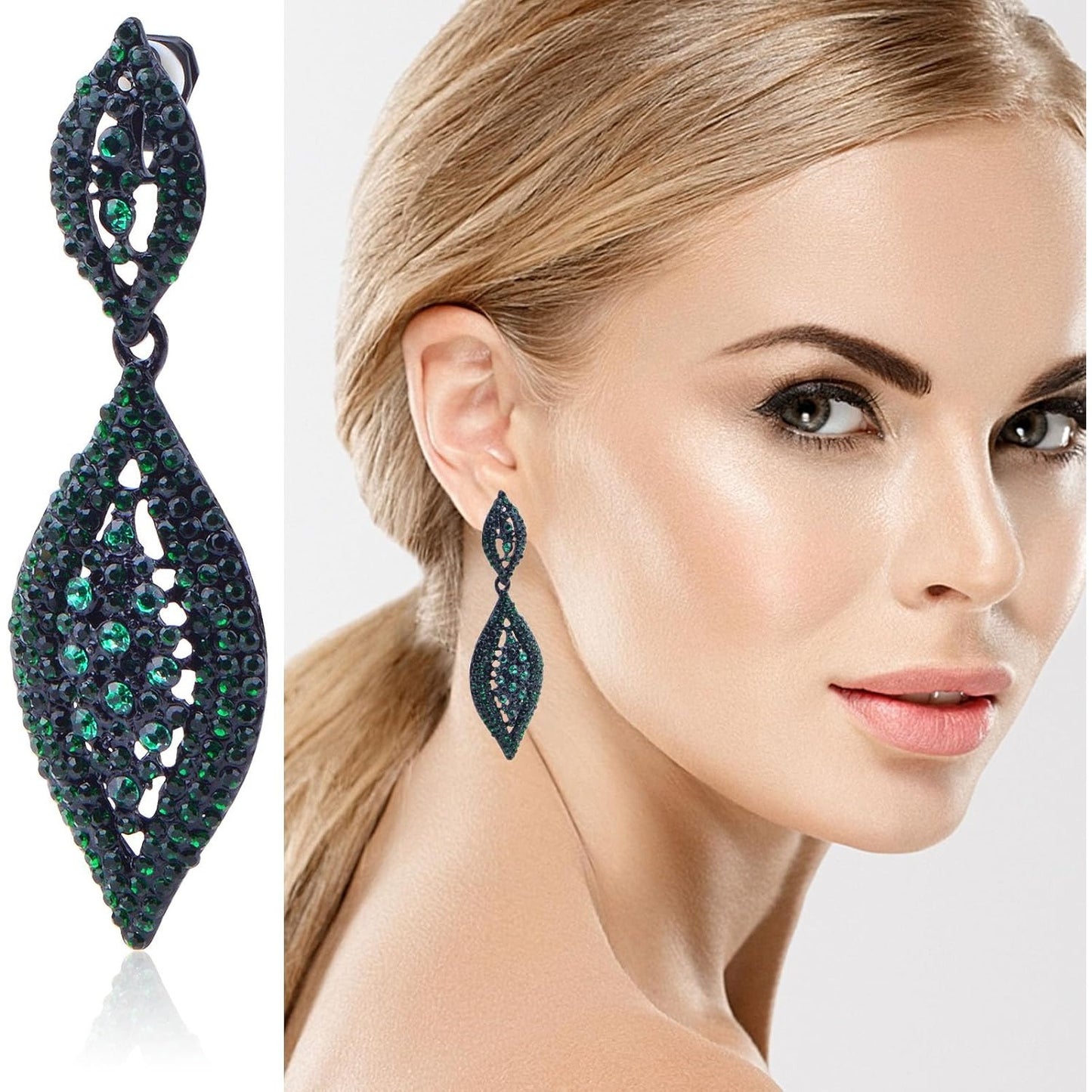 1 Pair Dark Green Clip on Earrings Rhinestone Crystal Wedding Bride Earring Clips Gorgeous Leaf Drop Clip-on Dangle Earrings for Women Non Pierced Ears Earrings Decor