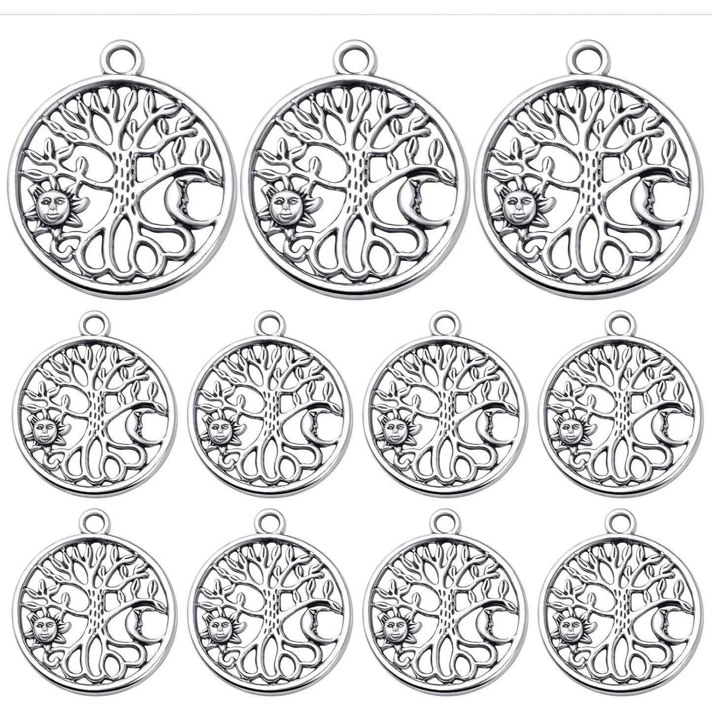 30pcs Antique Silver Tree of Life Charms Pendants with Sun Moon Tibetan Alloy Hollow Round Tree Vintage Charms Jewelry Making Accessory for DIY Necklaces Bracelets