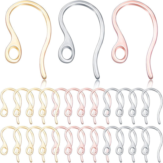 30pcs 3 Colors Stainless Steel Earring Hooks Ear Wire with Loop Hole Earring Findings for DIY Dangle Earrings Jewelry Making Art Craft Projects, 22.7 mm x 11.7 mm