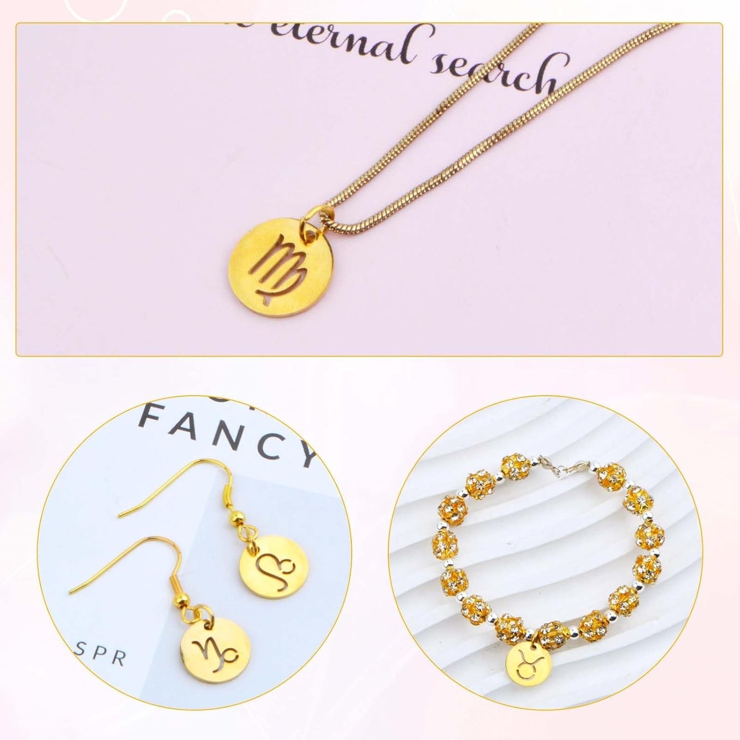 12pcs Golden Plated Flat Round Twelve Constellations Charms Stainless Steel Zodiac Sign Pendants with Jump Rings for DIY Necklace Bracelet Jewelry Making Supplies