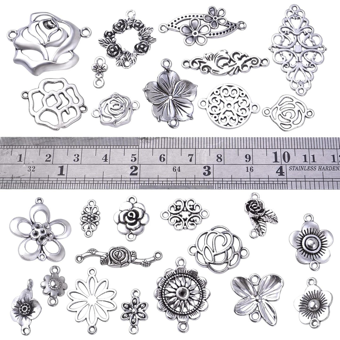 52pcs 26 Styles Flower Connector Charms Tibetan Alloy Rose Flower Pendants Beads Jewelry Connectors for DIY Necklace Bracelet Earrings Jewelry Making, Antique Silver