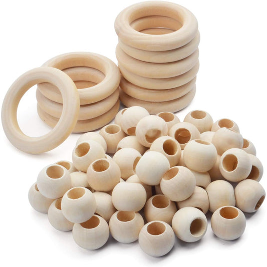 20Pcs Natural Wood Rings Wooden Hoop with 50Pcs Unfinished Wood Beads Wooden Loose Beads for DIY Pendant Connectors Jewelry Making Macrame Wall Hanging Craft