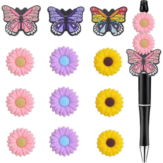 12Pcs Colorful Silicone Focal Beads Daisy Flower Butterfly Beads Sunflower Soft Rubber Silicone Loose Spacer Beads Bulk for Adults DIY Bracelets Keychains Jewelry Making Craft Supplies