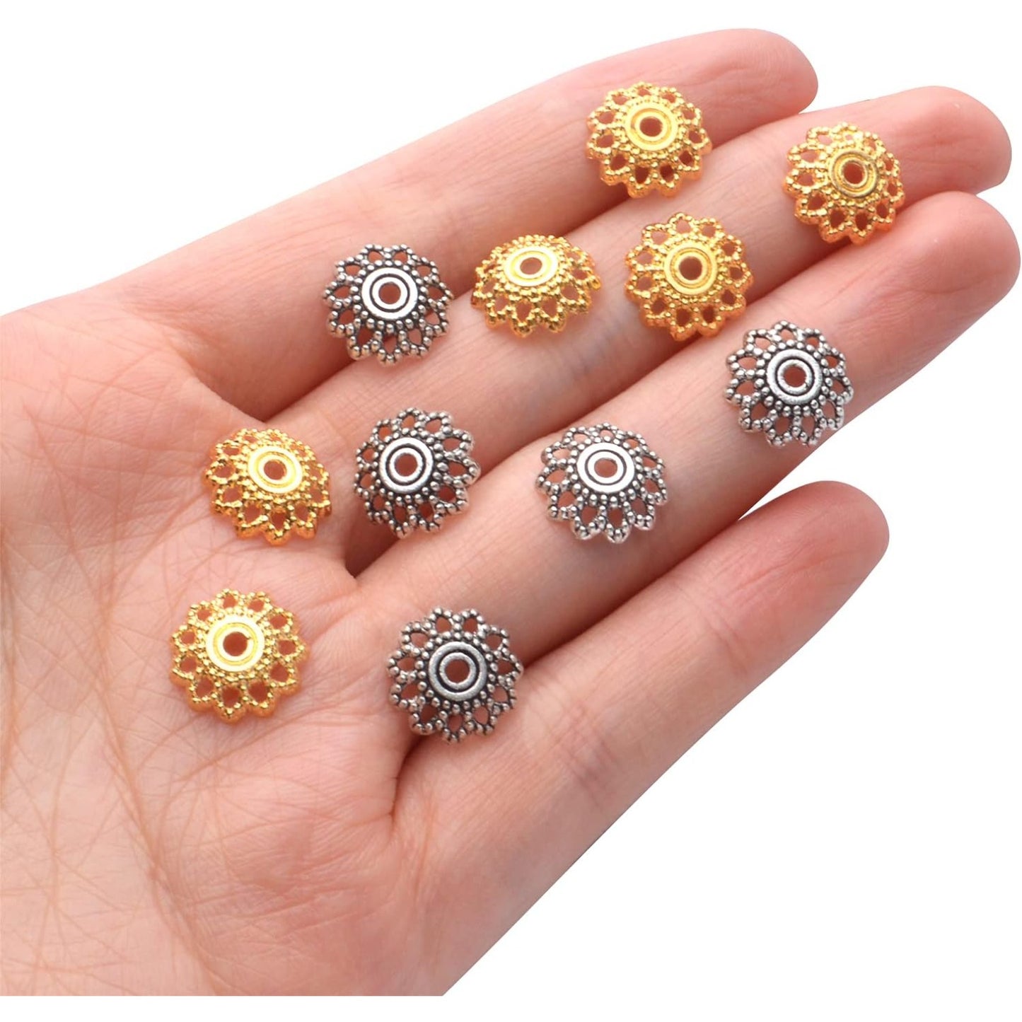 200pcs 12mm Flower Filigree Bead Caps Alloy Spacer Beads Caps Flower End Caps Loose Beads for Bracelet Necklace DIY Jewelry Making Crafts Supplies