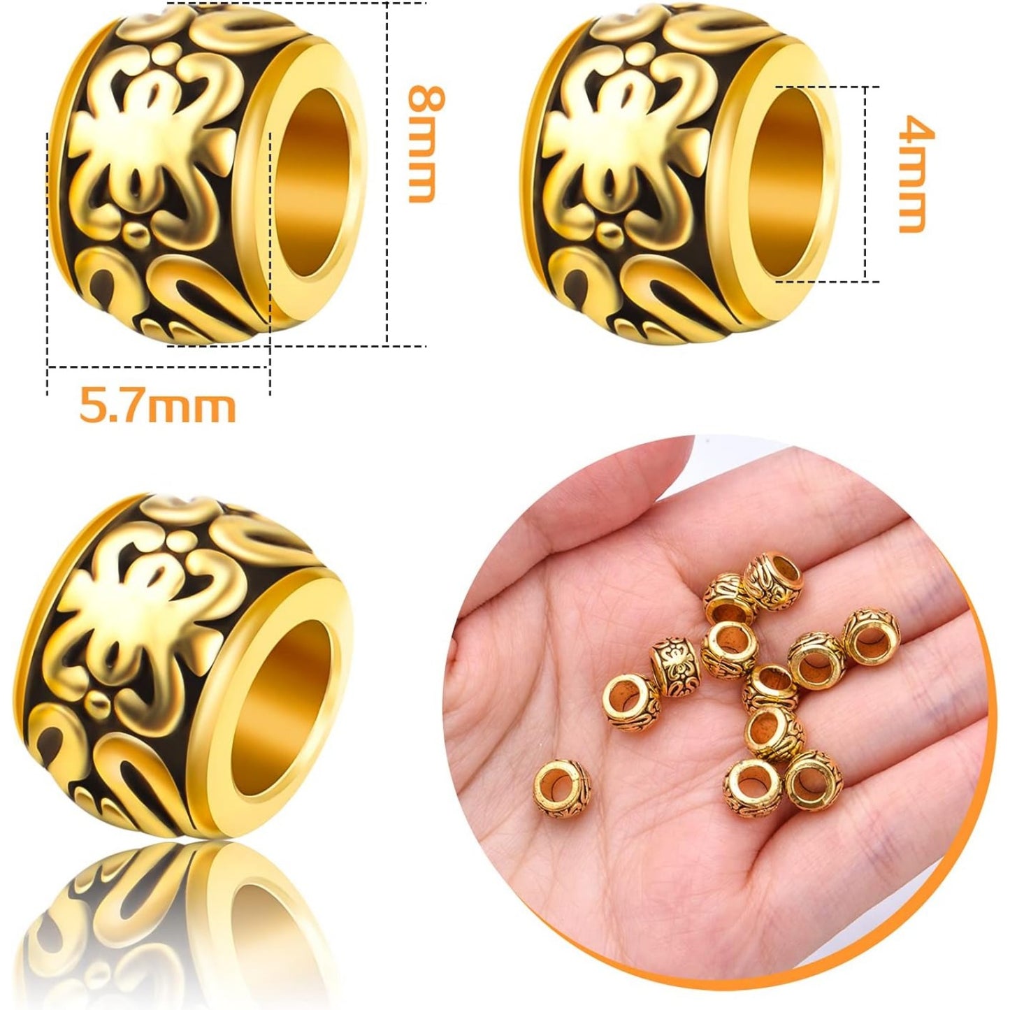 BronaGrand 100pcs Antique Gold Large Hole Spacer Beads Tibetan Alloy Column Barrel Beads with Nice Patterns Loose Charm Beads for European Charm Snake Chain Bracelet Jewelry Making