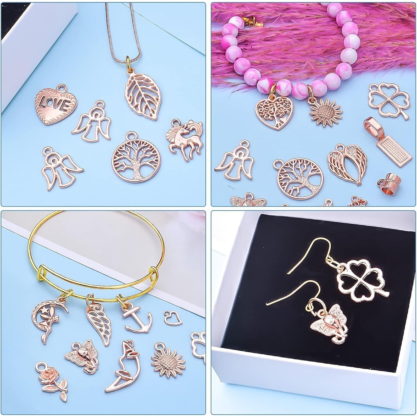 100pcs Rose Gold Mixed Charms Pendants Tibetan Alloy Vintage Charms Wholesale Bulk Crafts Supplies for DIY Necklace Bracelet Earring Handmade Jewelry Making Accessories