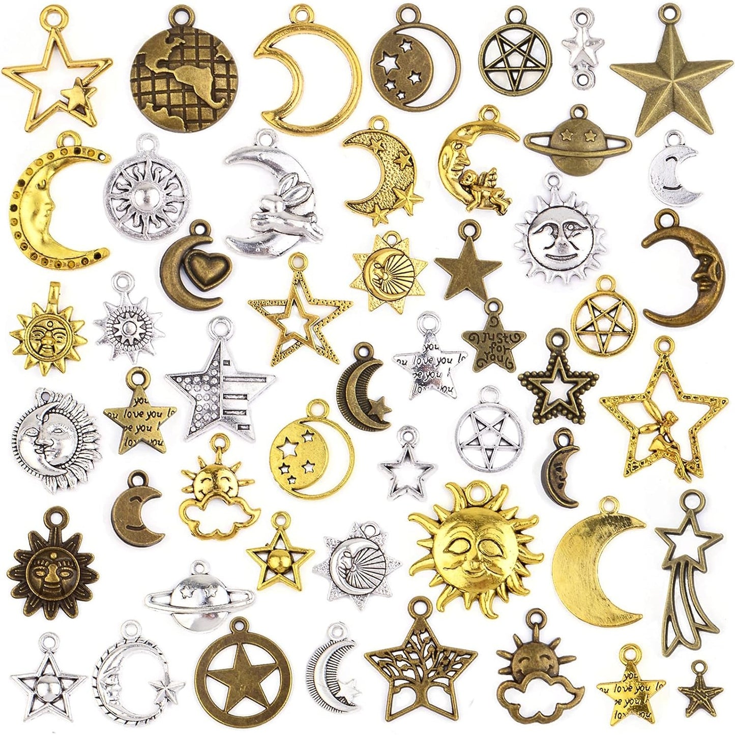 100 Gram Mixed Sun Moon Star Charms Celestial Pendants Alloy Sun Smile Pentagram Dangle Charms Collection for Necklace DIY Jewelry Making Crafting