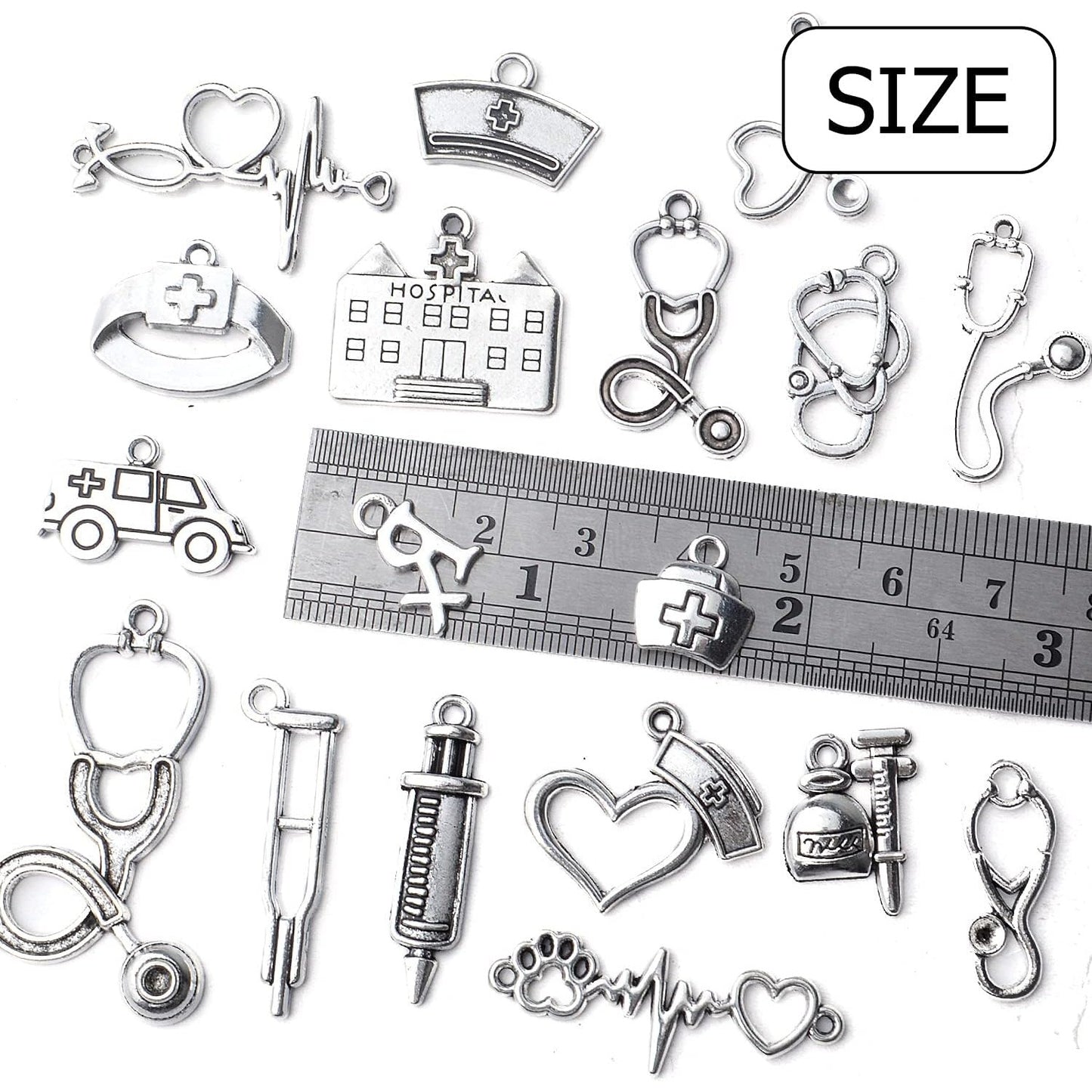 100g Crafts Supplies Antique Silver Medical Charms Alloy Hospital Charms Stethoscope Syringe Nurse Cap Hat Microscope Charm Pendants for Bracelet Necklace DIY Jewelry Making