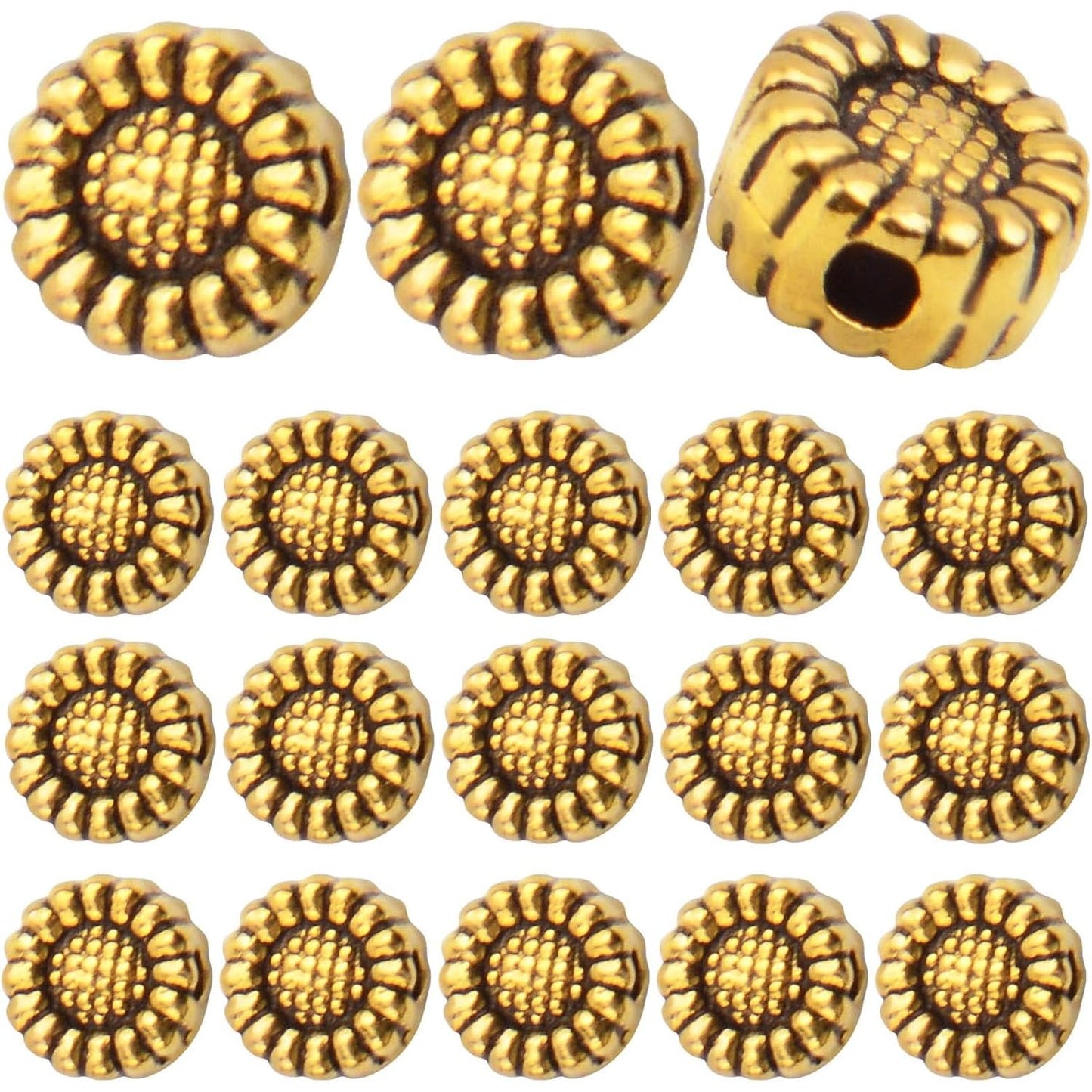100pcs Antique Silver Sunflower Spacers Beads Tibetan Alloy Flower Bead Spacer Charm Beads Loose Bead Spacers for DIY Bracelet Necklace Jewelry Crafts Making Accessories