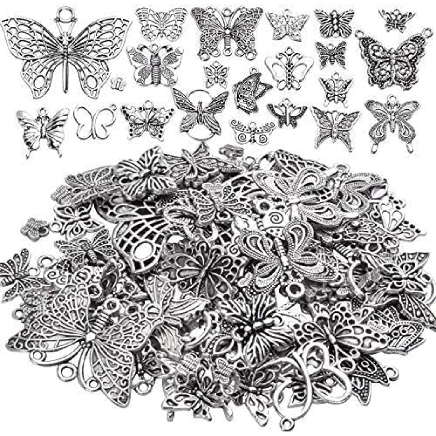 100g Craft Supplies Antique Silver Mixed Butterfly Charms Fly Insect Pendant Charms for DIY Necklace Bracelet Crafting,30-60pcs