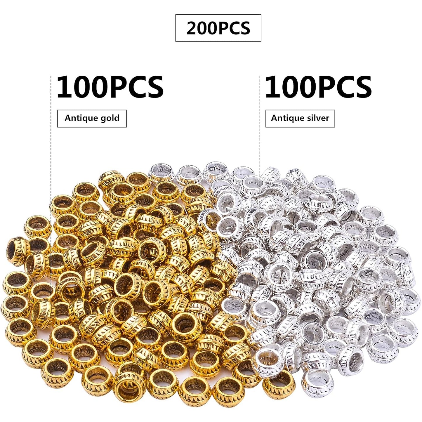 Large Hole Spacer Beads, 200pcs 7mm Round Beads European Alloy Spacer Bead Charms Craft Supplies for Bracelet Necklace Jewelry Making, Antique Gold, Antique Silver
