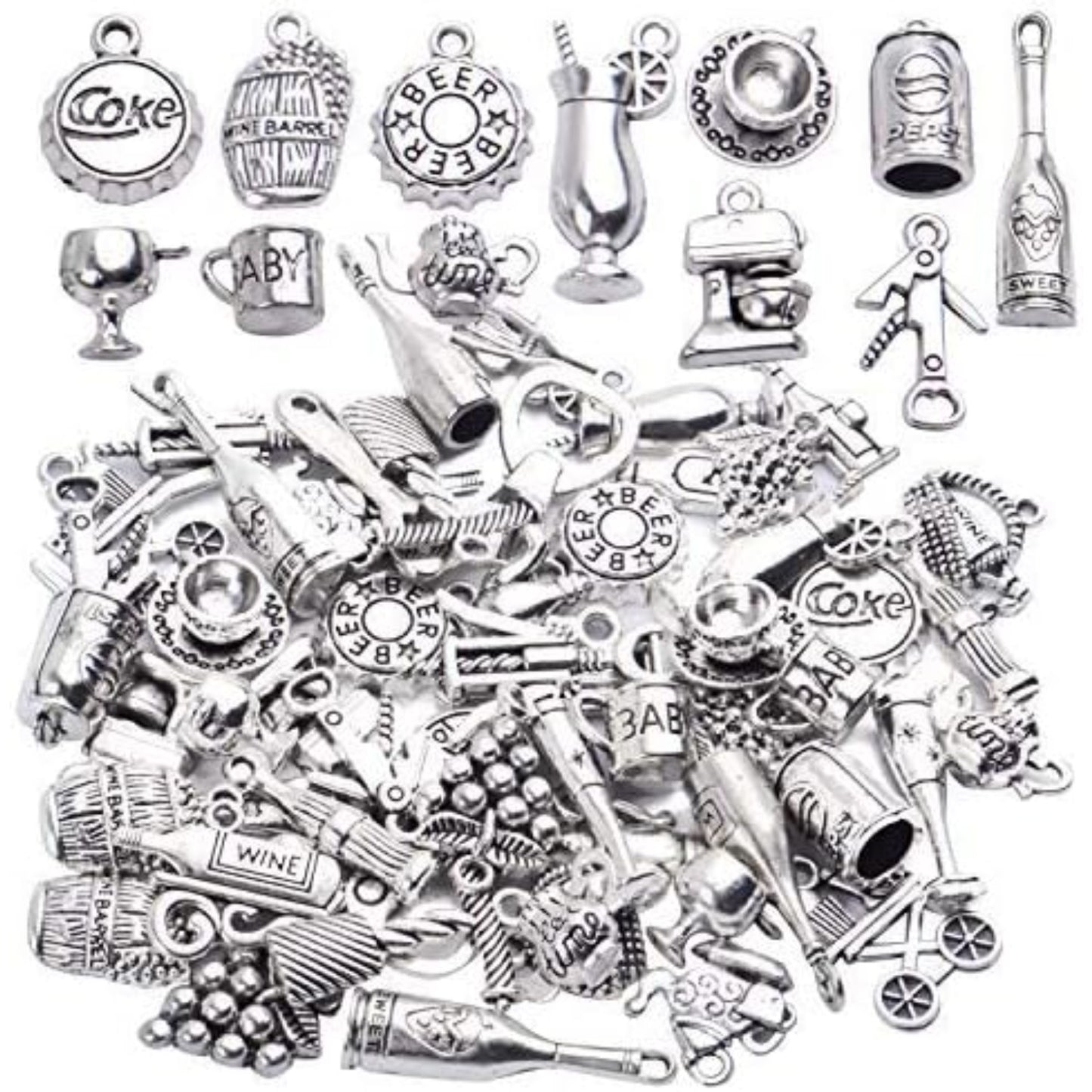 56pcs Silver Wine Bottle Charm Pendants Alloy Cup Glass Opener Grape Wine Charms Jewelry Making Accessories for DIY Necklace Bracelet Earrings Crafts, 28 Styles
