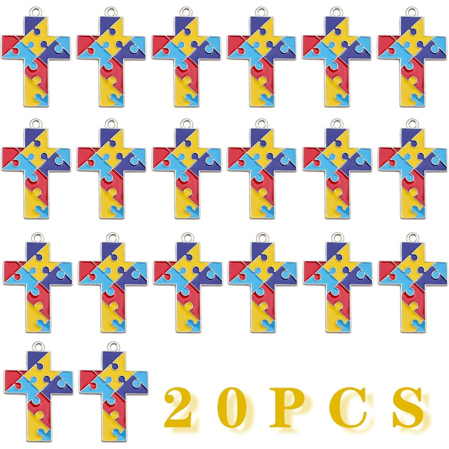 20pcs Autism Charms Pendants Ribbon Heart Round Square Cross with Puzzle Shape Charms Enamel Colorful Enamel Autistic Awareness Pendants for DIY Necklace Bracelet Earrings Jewelry Making Supplies