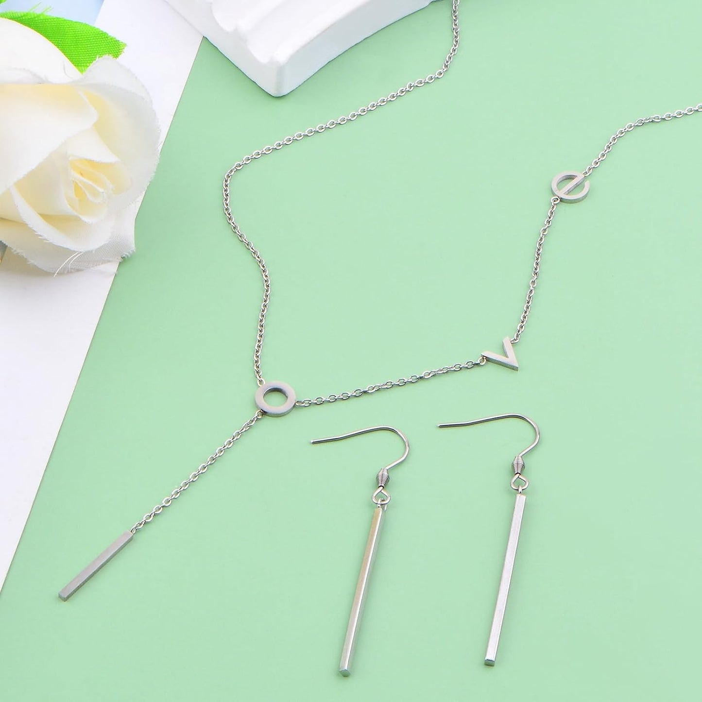 1pcs Stainless Steel Letters Love Pendant Necklace and 1 Pair Long Vertical Bar Drop Earrings Fish Hooks Jewelry Set for Women