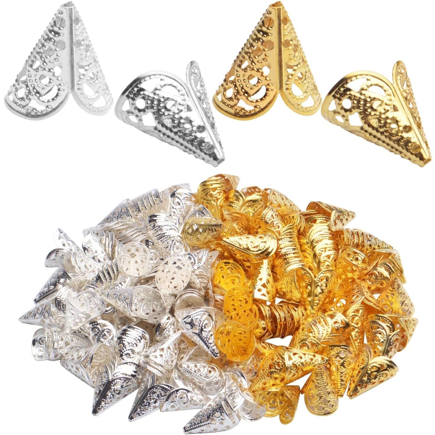 Bead Caps,200Pcs Filigree Cone Beads Cap Alloy Hollow Flower Bead Caps for Bracelet Jewelry DIY Craft Making