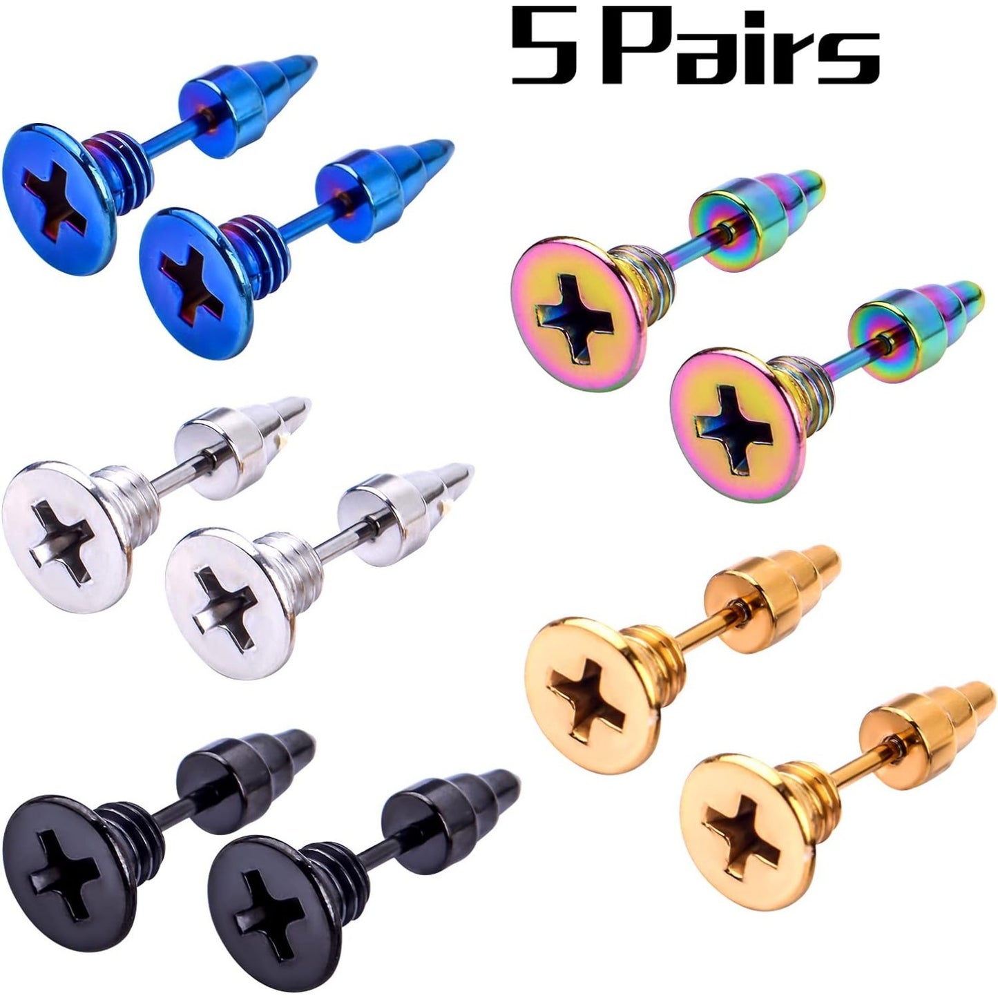 Screw Earring Studs, 5 Pairs Unisex Stainless Steel Piercing Cross Screws Hoop Clip on Earrings Punk Hip Hop Earrings Tragus Cartilage Ear Stud for Men Women, 5 Colors