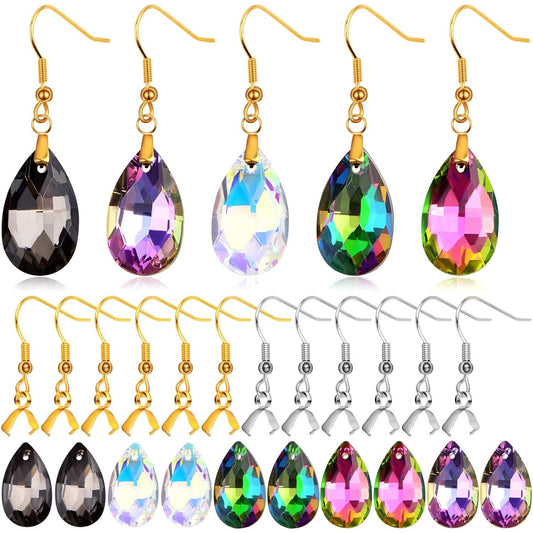 20pcs Hypoallergenic Earring Hooks Stainless Steel French Earwire Ear Ball Hooks with Pinch Bail Clasps and 20pcs Colorful Teardrop Crystal Pendants for DIY Earring Jewelry Making