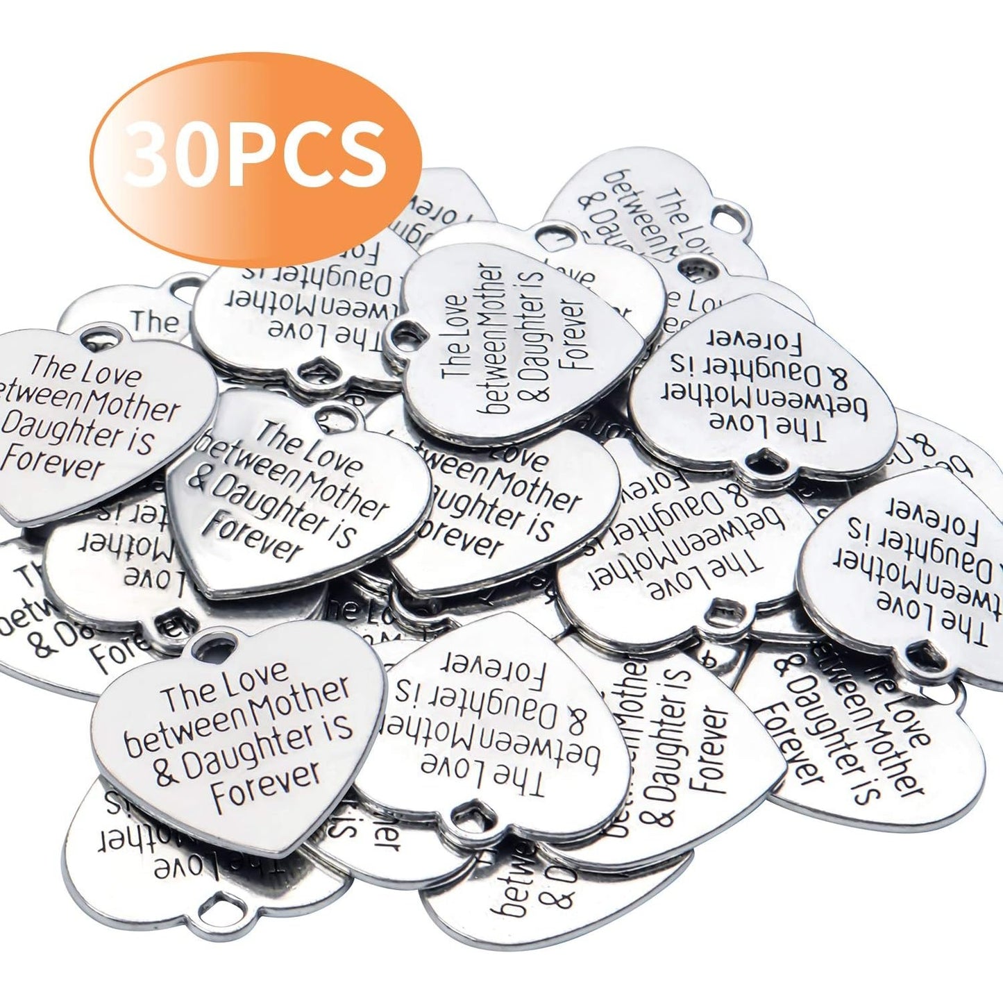 30pcs Heart-shaped Charms with Message 'The Love Between Mother & Daughter is Forever' Crafts Supplies Jewelry Findings for Bracelet Necklace Keychain Pendants