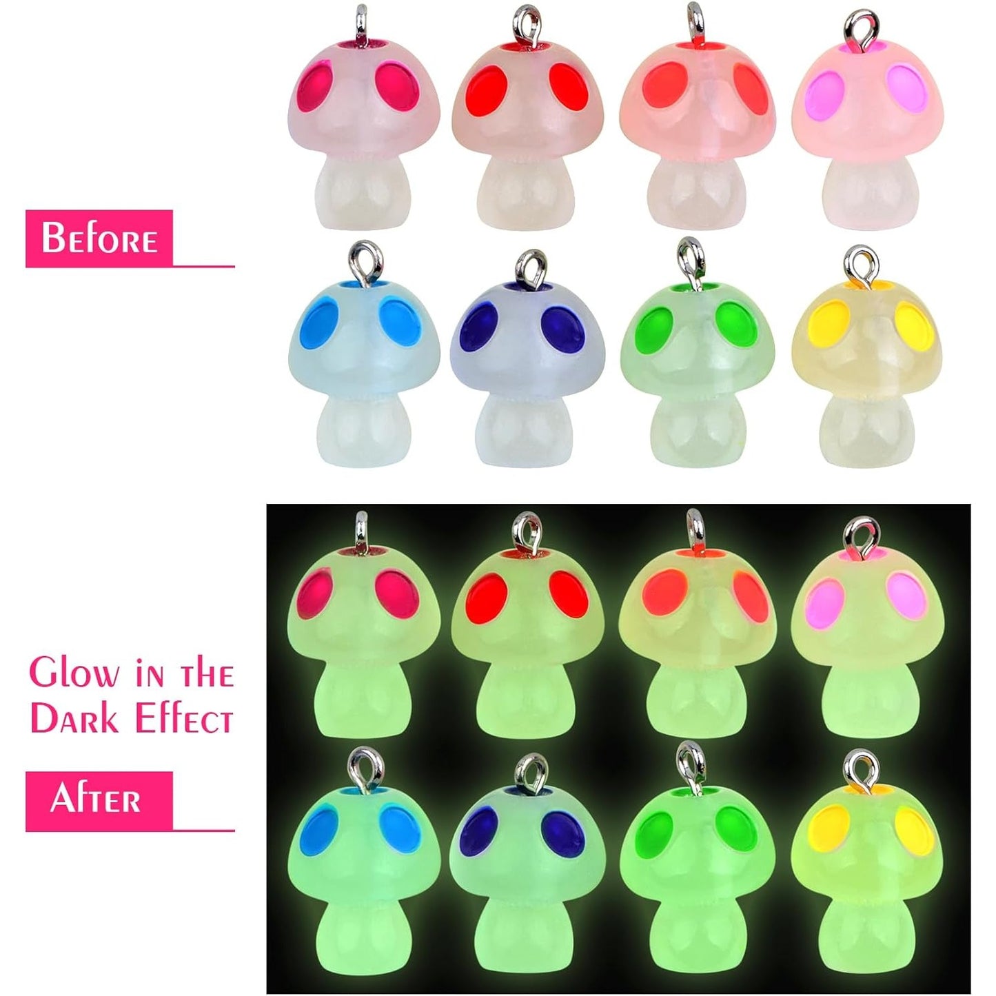 50pcs Luminous Mushroom Charms Resin Glow in The Dark Mushrooms Pendant Cute Mushroom Shape Charm Ornaments with Eye Pins for DIY Bracelet Necklace Earrings Jewelry Making, 8 Colors