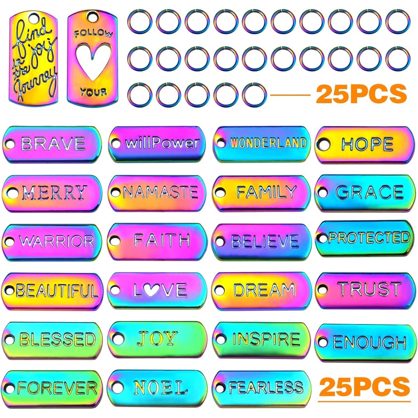 25pcs Inspiration Words Charms Engraved Motivational Word Dangle Pendants with 25pcs Open Jump Rings for DIY Bracelet Necklace Jewelry Making