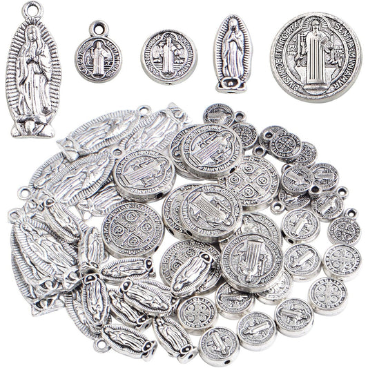50pcs Antique Silver Mixed Jesus Virgin Mary Religious Benedict Medallion Spacer Beads and Pendant Charms for DIY Rosary Necklace Bracelet Jewelry Making, 5 Styles