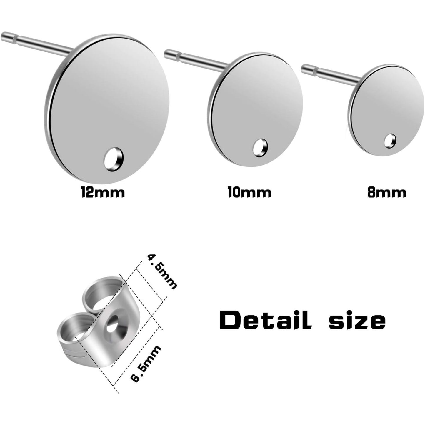 60pcs 8mm/10mm/12mm Stainless Steel Round Earring Studs Blank Earring Posts with Loop and 60pcs Earring Backs for Earring Making,Silver