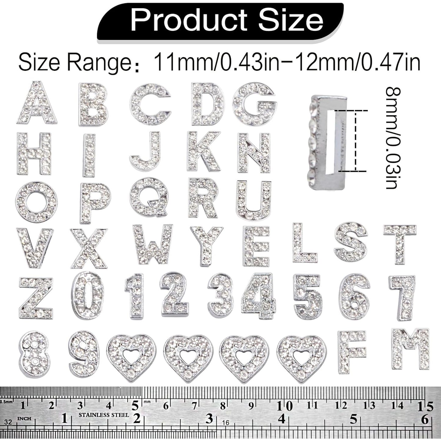 40pcs 8mm Full Rhinestones Slide Charms Alloy Crystal Alphabet Letters A-Z with Numbers 0-9 and Hearts for DIY Bracelets Wristbands Necklaces Jewelry Making Supplies, Sliver
