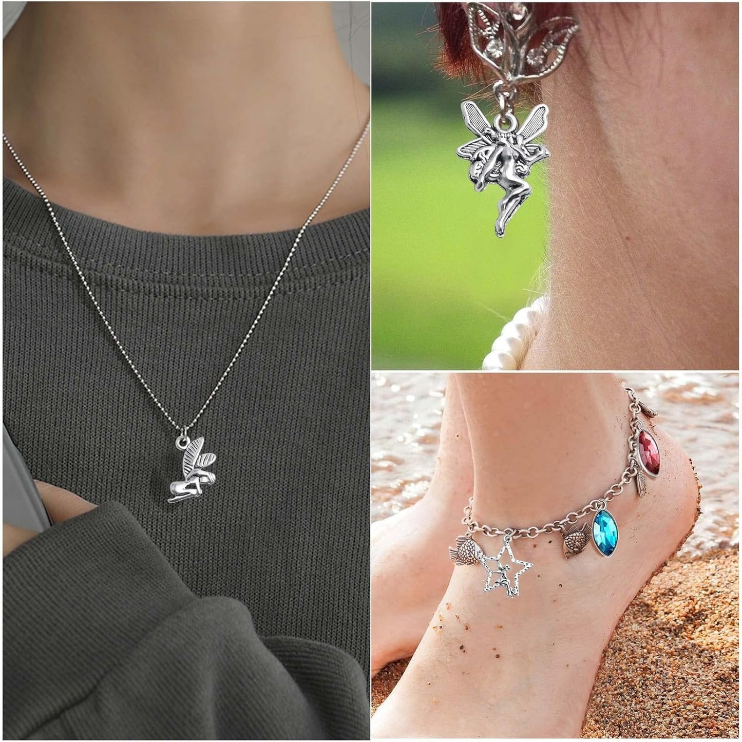 60pcs Antique Silver Angel Charms Vintage Alloy Fairy on Star Pendants Angel Fairy Dangle Charms Crafts Supplies for DIY Necklace Bracelet Earrings Jewelry Making, 6 Styles