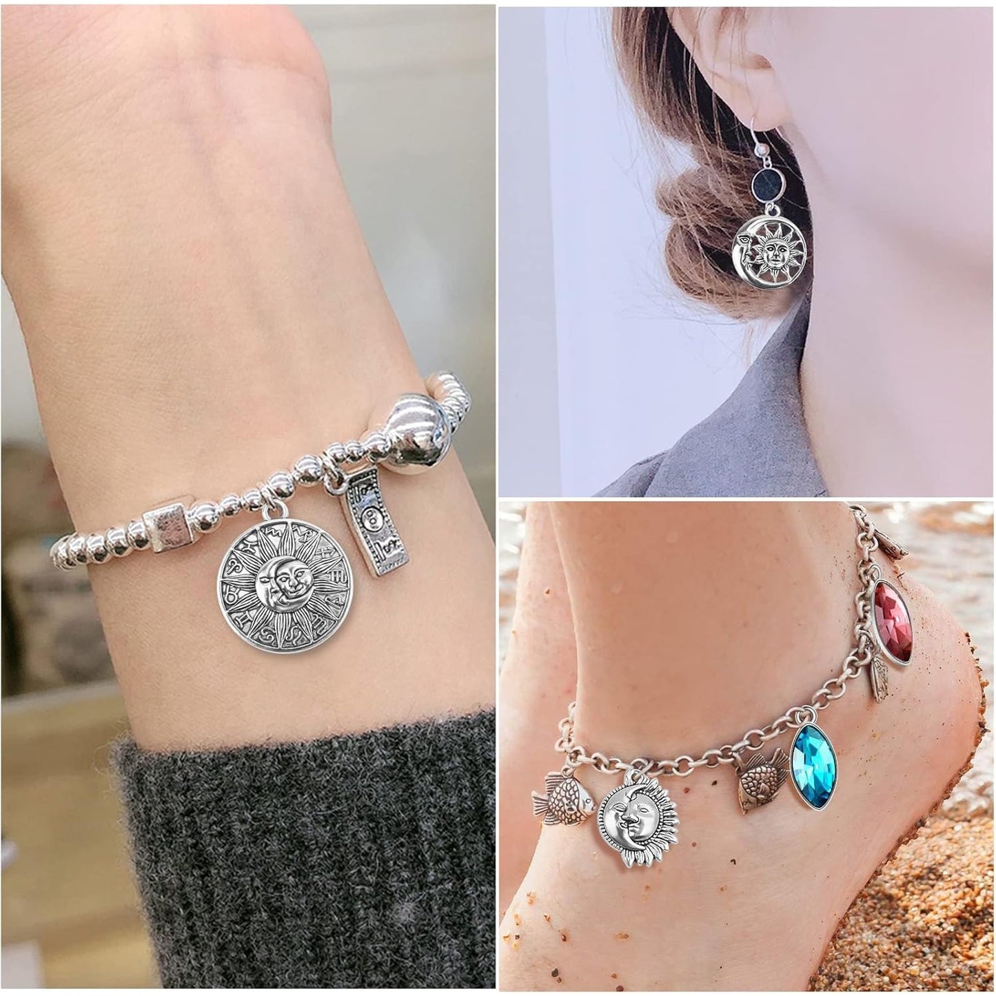 30pcs 3 Styles Sun and Moon Charms Vintage Alloy Sun Smile Face Pendants Celestial Dangle Charms for DIY Necklace Crafts Jewelry Making, Antique Silver