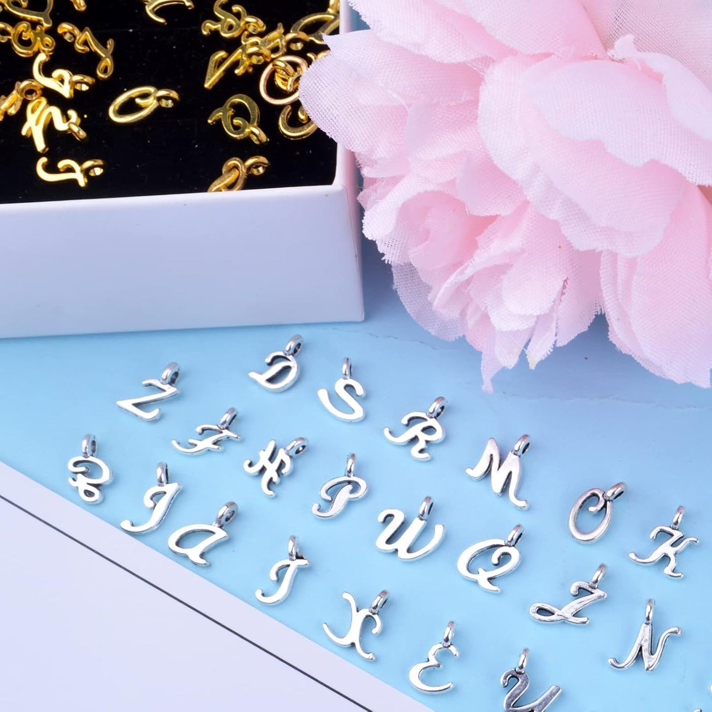 156pcs/6 Sets Alphabet ABC Letter Charms Alloy A-Z Pendants Alphabetic Charms Loose Beads DIY Necklace Bracelet Earrings Crafts Jewelry Making, Gold and Antique Silver