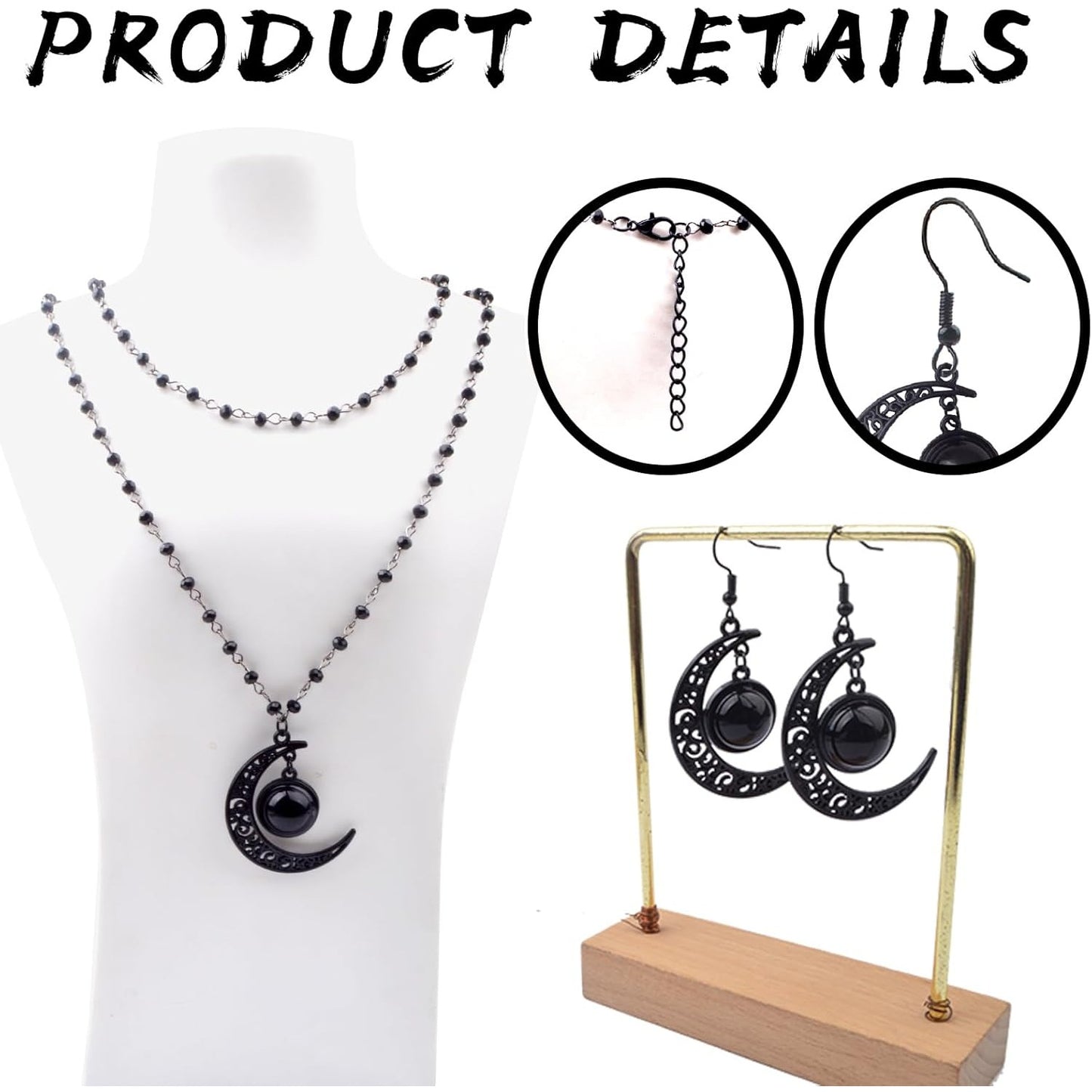Gothic Y2K Layered Crescent Moon Necklace Black Beaded Pendant Choker Chain Moon Drop Dangle Earrings Goth Jewelry Sets for Women Ladies Halloween Party Costume Accessories