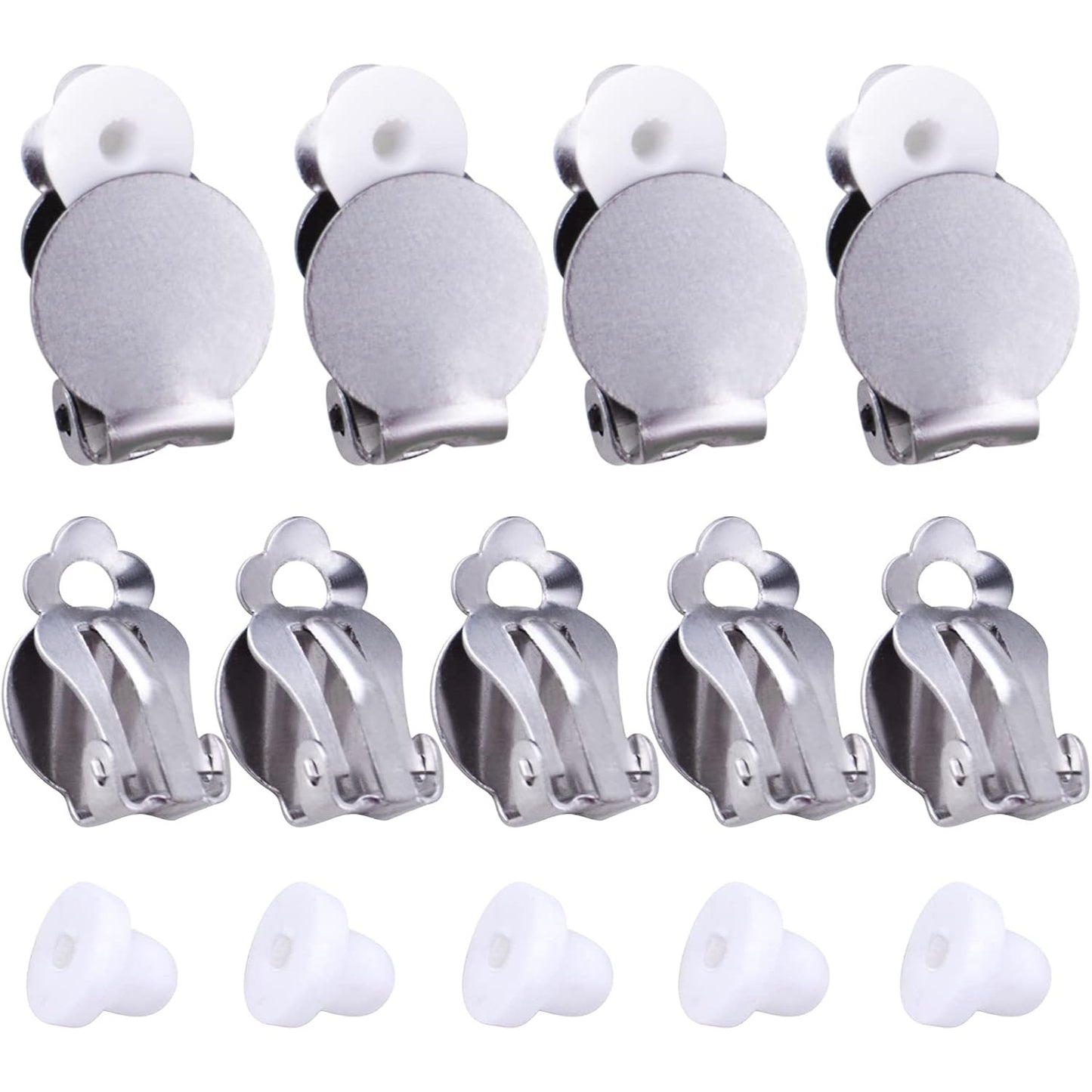 20pcs Round Flat Back Tray Earring Clips Stainless Steel Non-Pierced Earrings Converter Components with 20pcs Silicone Earring Findings Pad Base for DIY Jewelry Making