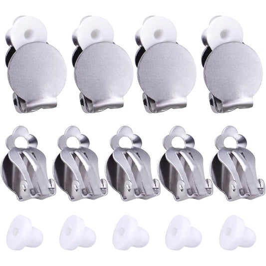 20pcs Round Flat Back Tray Earring Clips Stainless Steel Non-Pierced Earrings Converter Components with 20pcs Silicone Earring Findings Pad Base for DIY Jewelry Making