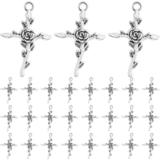 50pcs Antique Silver Cross Rose Flower Charms Vintage Alloy Cross Crucifix Shape with Flower Dangle Pendants Craft Supplies for DIY Necklace Bracelet Keychains Jewelry Making