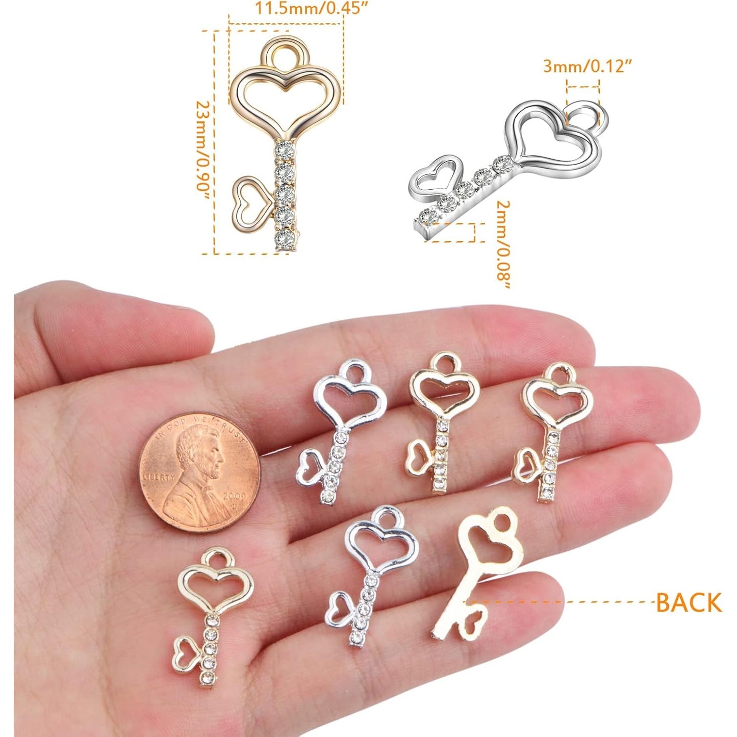 30pcs Heart Key Pendant Charms Mini Metal Heart Shape Key Pendants with Rhinestone Handmade Accessories for Bracelet Keychains Jewelry Making Valentine's Day Gifts, 2 Colors
