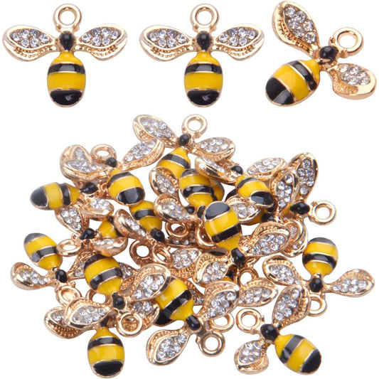 20pcs Enamel Yellow Bee Charms Rhinestone Honey Bee Pendant Charms Crafts Supplies for Jelwery Bracelet Making,Gold