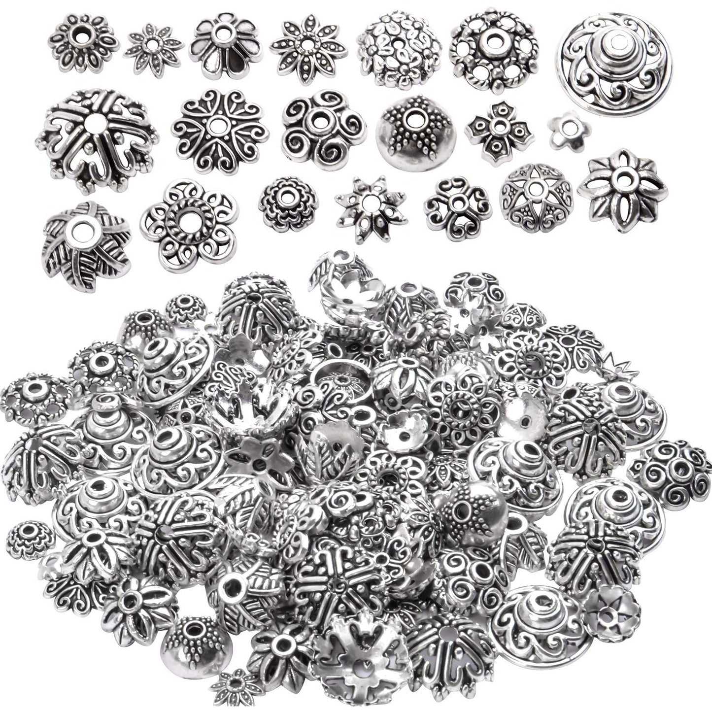 200pcs Tibetan Silver Flower Bead Caps Bead Caps Spacer Beads Bali Style Jewelry Findings for Necklace Bracelet,20 Styles