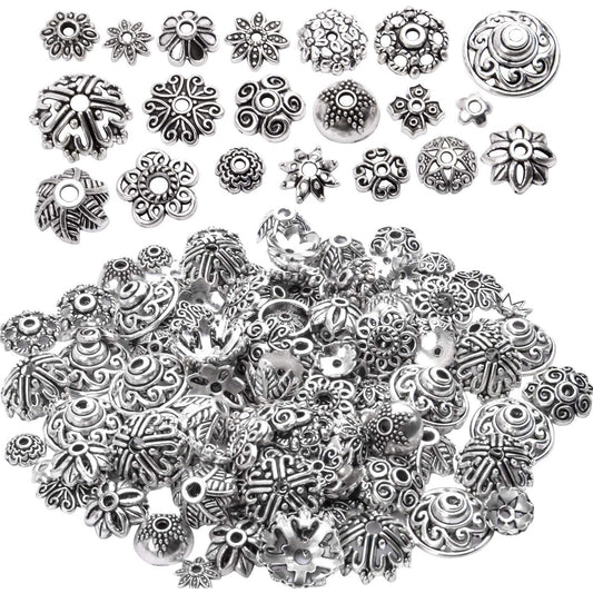 200pcs Tibetan Silver Flower Bead Caps Bead Caps Spacer Beads Bali Style Jewelry Findings for Necklace Bracelet,20 Styles