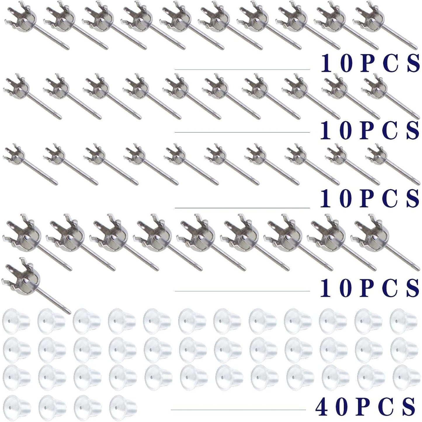 40pcs Stainless Steel Earring Posts Hypoallergenic Crown Piercing Earring Studs and 40pcs Clear Bullet Earring Backs for Women Girls DIY Dangle Jewelry Making, 4 Sizes