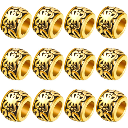BronaGrand 100pcs Antique Gold Large Hole Spacer Beads Tibetan Alloy Column Barrel Beads with Nice Patterns Loose Charm Beads for European Charm Snake Chain Bracelet Jewelry Making
