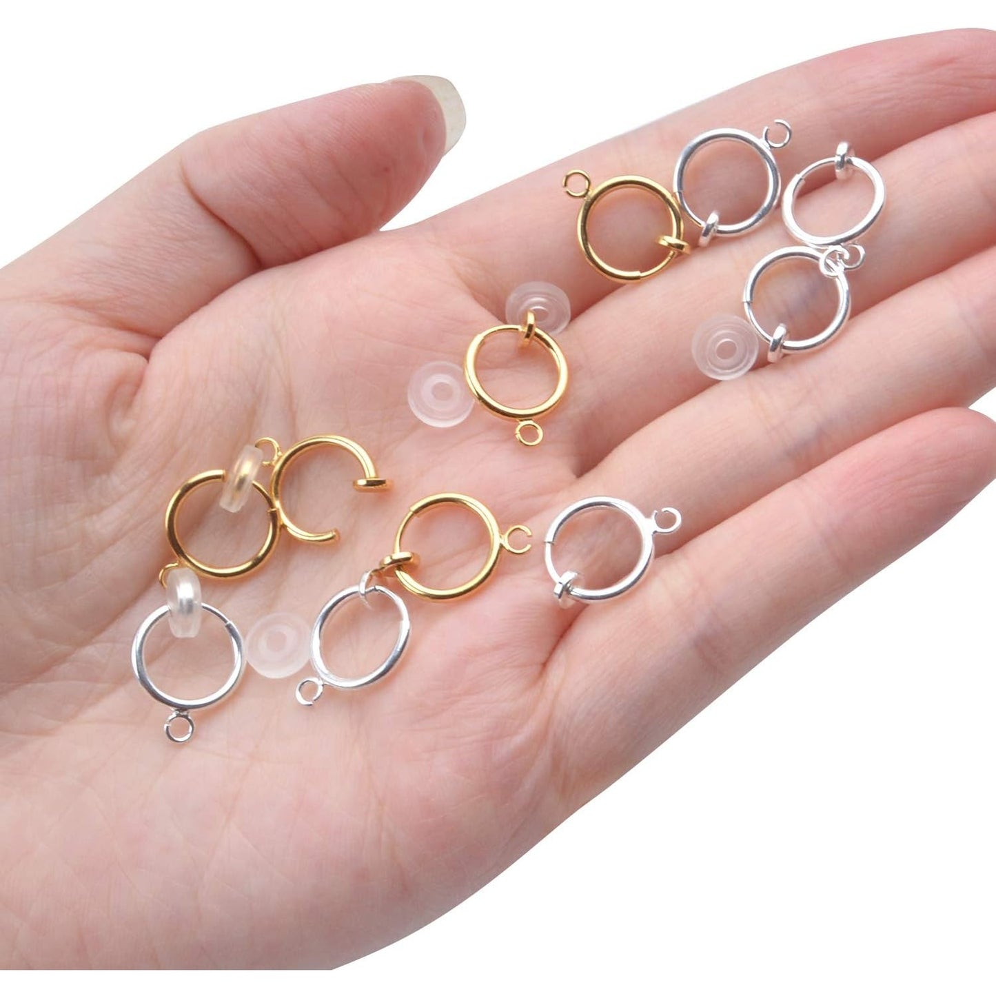 16pcs Brass Clip-on Hoop Earring Converters Round Dangle Ear Clips Classic Earring Findings with Open Loop for Non-Pierced Ears Jewelry Making, Bright Silver