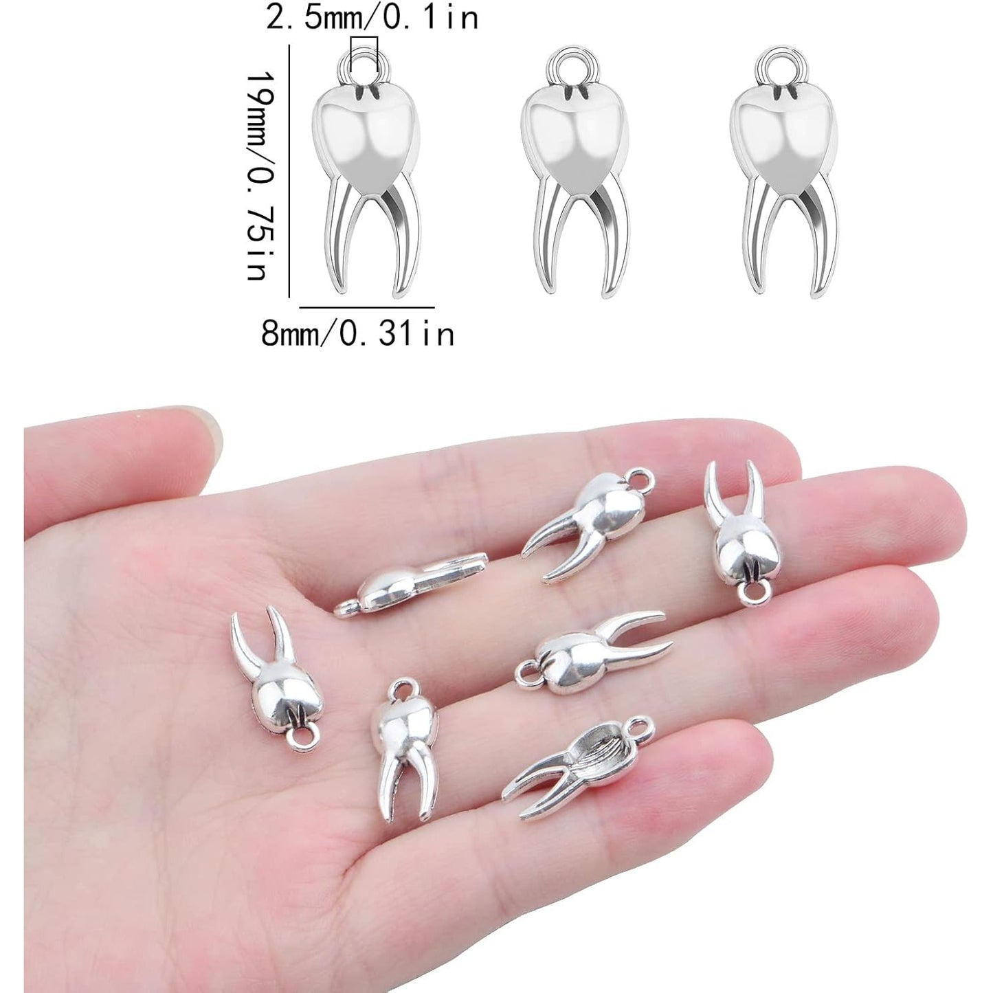 100pcs Antique Silver Teeth Pendant Charms Vintage Alloy Tooth-Shaped Dangle Pendants Craft Supplies for DIY Necklace Bracelet Jewelry Making Findings, 19 x 8 mm