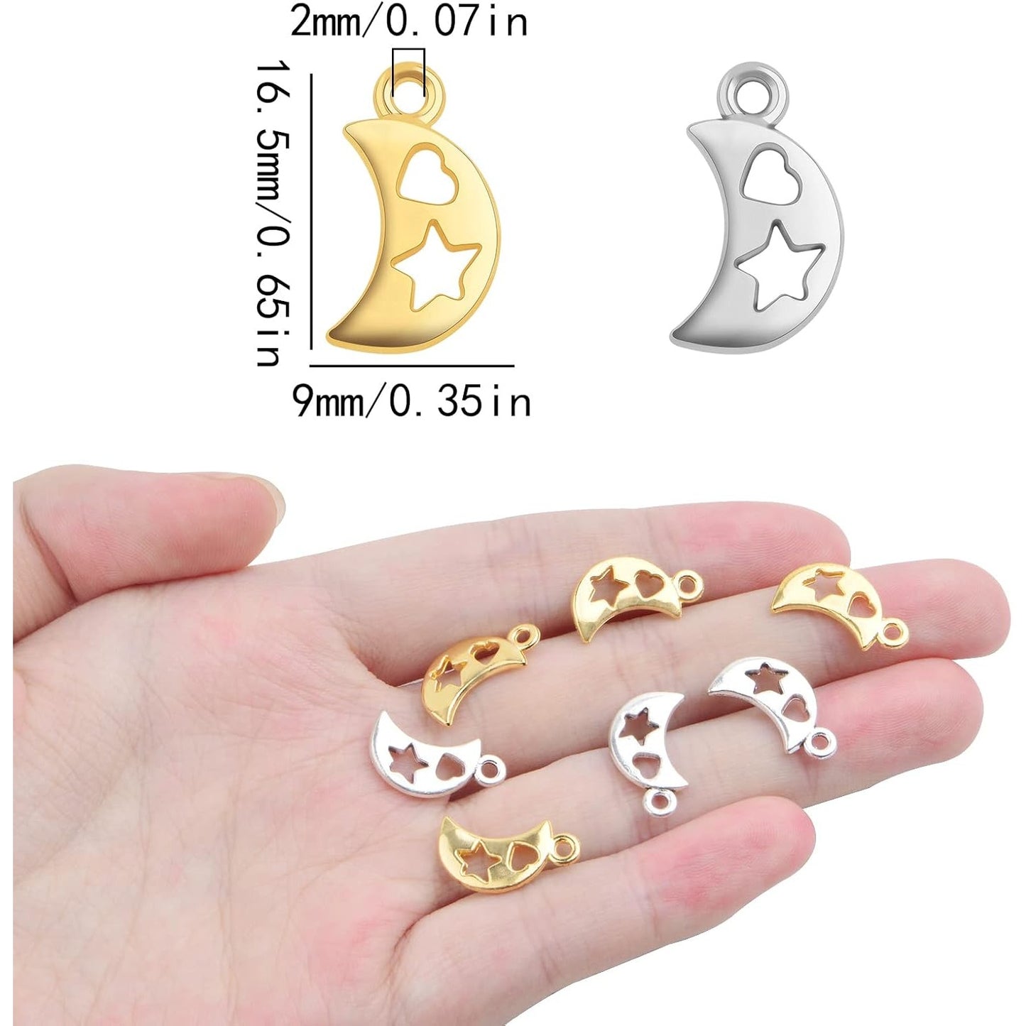 100pcs Hollow Crescent Moon Pendant Charms Tibetan Alloy Double-sided Smooth Moon Star Love Dangle Pendants for DIY Bracelet Necklace Earrings Jewelry Making, 2 Colors