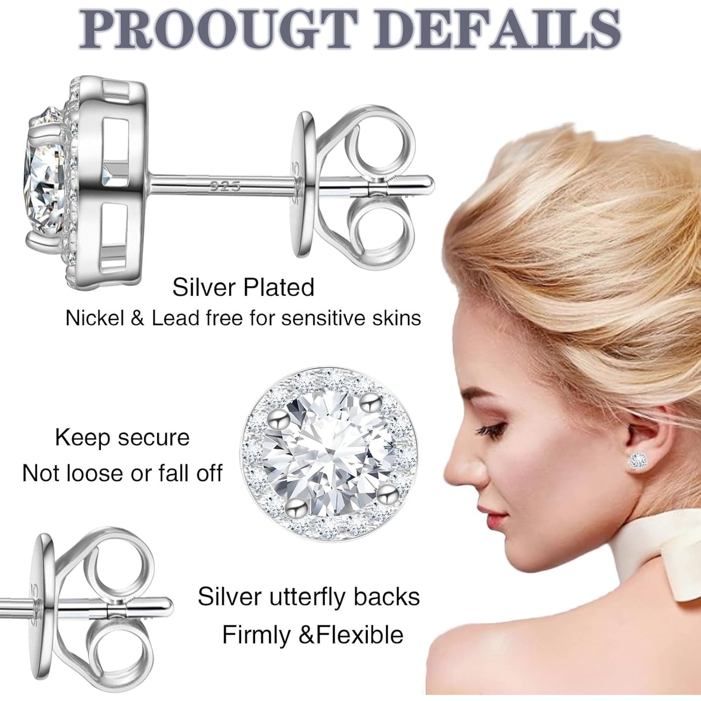 3 Pairs CZ Halo Stud Earrings Sterling Silver Plated Round Square Teardrop Cubic Zirconia Diamond Earring Posts for Women Men Sensitive Ears Anniversary Wedding Party Gift